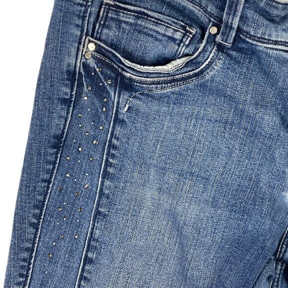 White House Black Market Jeans 10 Blue Blanc Rhinestone Beads Slim Crop Denim - Picture 3 of 13